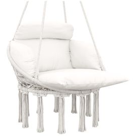Chaise Suspendue De Jardin - Grand Coussin Inclus - Macramé Coton Polyester Blanc Cassé