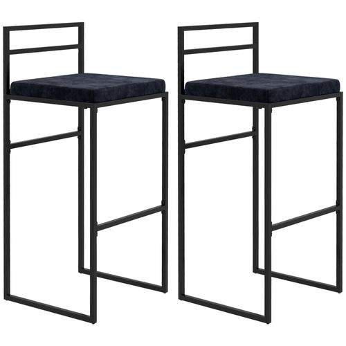 Lot De 2 Tabourets De Bar Design - Coussin, Repose-Pied, Dossier Intégrés - Acier Velours Noir