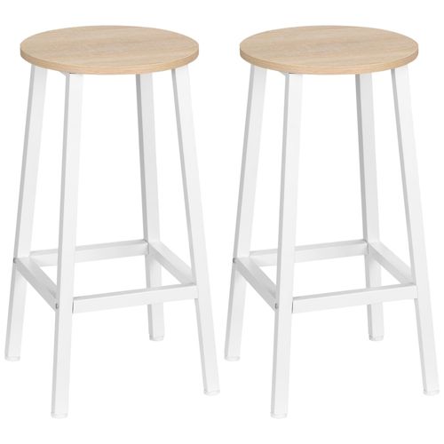Lot De 2 Tabourets De Bar H.65 Cm Avec Repose-Pieds Acier Blanc Effet Bois Clair