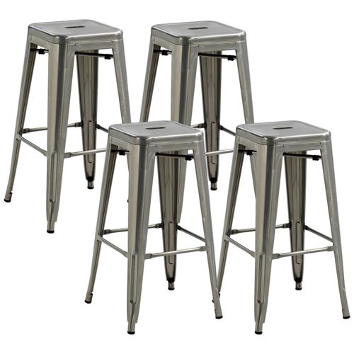 Lot De 4 Tabourets De Bar Industriel Empilables Hauteur Assise 76 Cm Métal Argenté