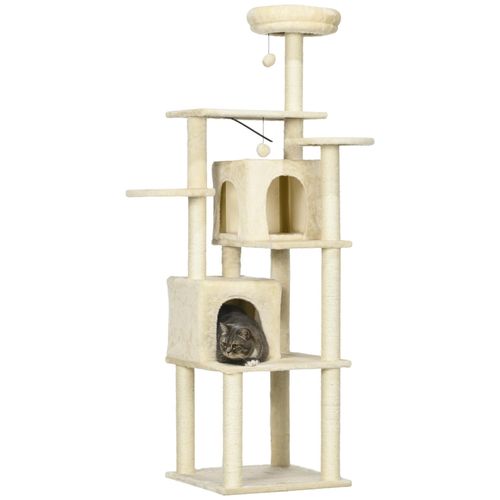 Arbre À Chat Modulable - Griffoirs, 2 Niches, 4 Plateformes, 2 Boules Suspendues - Peluche Douce Beige