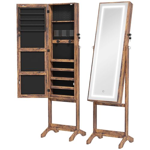 Armoire À Bijoux Sur Pied Multi-Rangement Avec Miroir Led Mdf Effet Bois Vieilli