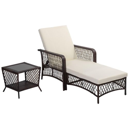 Bain De Soleil Transat Design Colonial Avec Table Basse Et Matelas - Dossier Inclinable - Résine Tressée, Polyester - Marron Crème