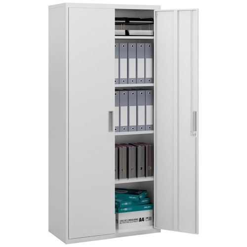 Armoire De Bureau Verrouillable 2 Portes - 4 Étagères Réglables, 2 Clés - Acier Laminé À Froid Blanc