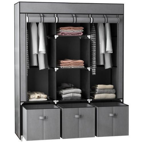 Armoire Penderie Pliable 5 Étagères 2 Tringles 3 Tiroirs Tissu Gris
