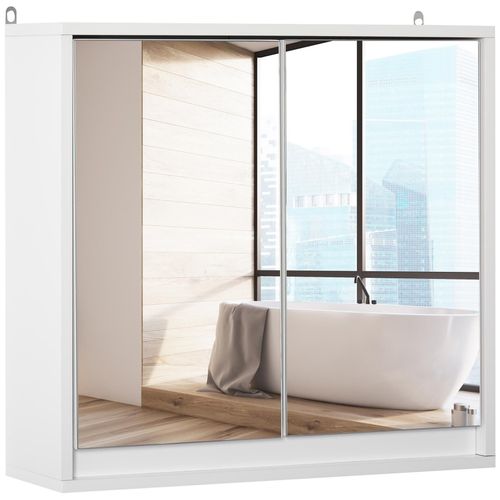 Armoire Murale Miroir Salle De Bain 2 Étagères Dim. 48l X 14l X 45h Cm Panneaux Particules Mdf Blanc