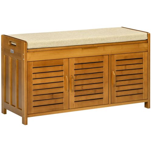 Banc À Chaussures 3 Portes Et Compartiment Style Exotique Bois Bambou Verni Coussin Tissu Beige