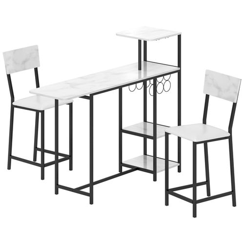 Ensemble Table De Bar 2 Tabourets - Table À Rabat, Casiers À Vin 6 Bouteilles, Porte-Verres, 3 Étagères - Acier Noir Effet Marbre Blanc