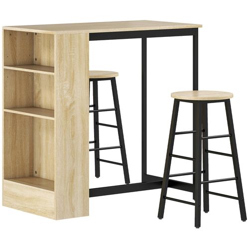 Ensemble Table De Bar Avec 2 Tabourets - 3 Étagères - Acier Noir Effet Bois De Chêne Clair