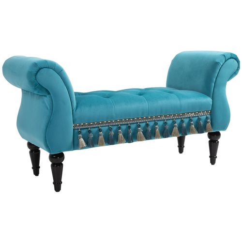 Banc Banquette Capitonnée Design Accoudoirs Courbés Pompons Pieds Bois Hévéa Revêtement Velours Bleu