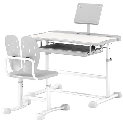 Bureau Enfant Inclinable Avec Chaise - Ensemble Bureau Et Chaise Réglable - Support De Lecture, Rangements - Gris Blanc