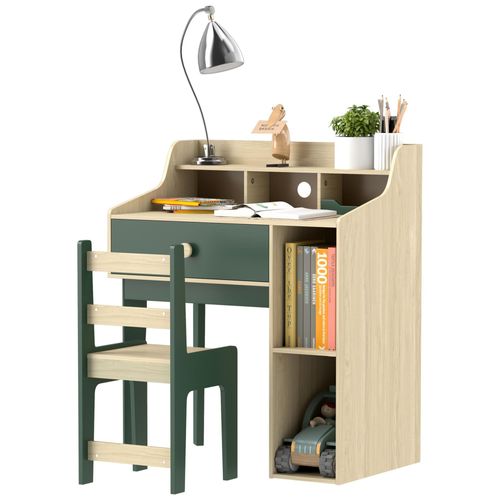 Ensemble Bureau Chaise Enfant Style Néo-Rétro - Tiroir, Étagère, 5 Niches - Aspect Bois Vert