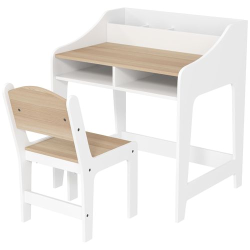 Ensemble Bureau Et Chaise Enfant 3-8 Ans - 5 Compartiments De Rangement - Blanc Effet Bois Naturel