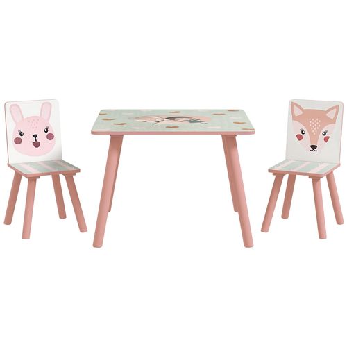 Ensemble Table Et Chaises Enfant Motif Renards Lapin - Table Carrée + 2 Chaises - Bois Pin Mdf Rose
