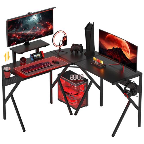 Homcom Bureau Gaming D'angle Bureau Gamer Bureau Informatique Bracket Casque Porte-Gobelet Étagère Écran Réglable Métal Panneaux Texture Carbone Noir