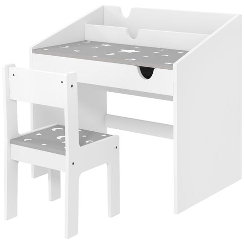 Ensemble Bureau Et Chaise Enfant Motif Étoile Lune - Tiroir, Porte-Livres Intégré - Blanc Gris