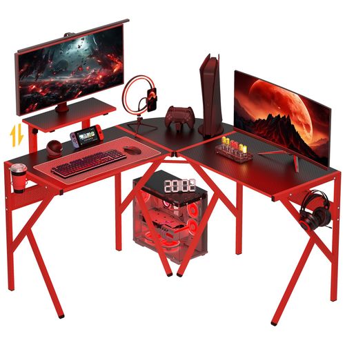 Bureau Gaming D'angle Bureau Gamer Bureau Informatique Bracket Casque Porte-Gobelet Étagère Écran Réglable Métal Panneaux Texture Carbone Noir Rouge