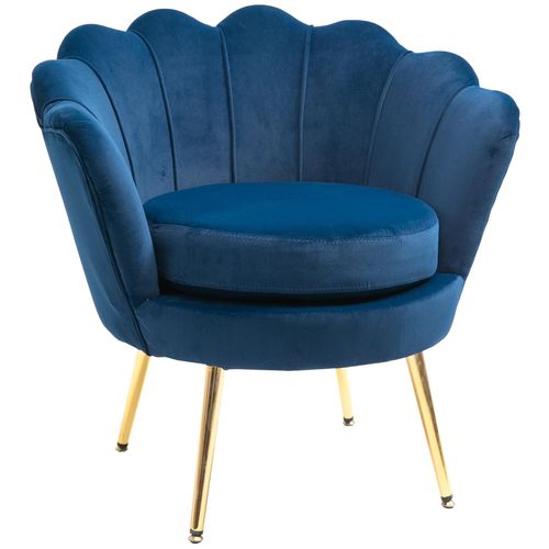 Fauteuil Design Coquillage Pieds Métal Doré Velours Bleu Foncé