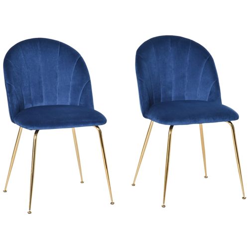 Lot De 2 Chaises Style Art-Déco Dossier Strié Arrondi Piètement Métal Doré Incliné Effilé Velours Bleu Roi
