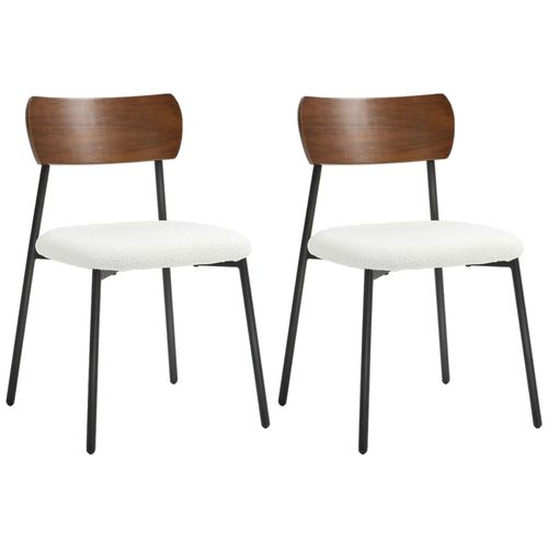 Lot De 2 Chaises Style Vintage Piètement Structure Métal Noir Dossier Aspect Bois Assise Effet Laine Bouclée Blanc Crème