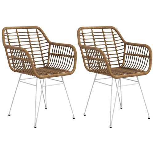 Lot De 2 Chaises De Salon Style Bohème Piètement Épingle Acier Blanc Revêtement Résine Tressée Marron Clair