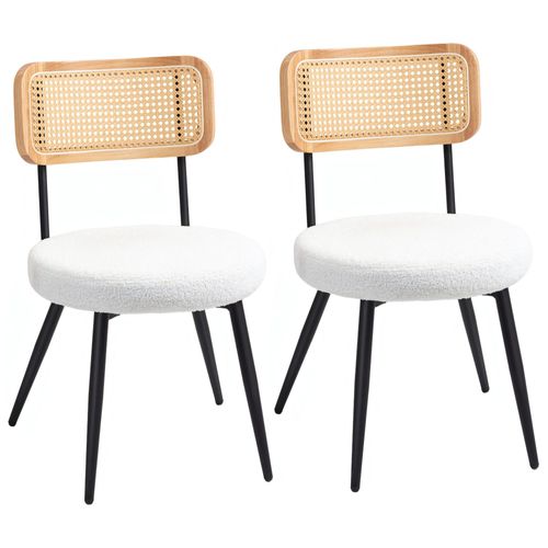 Lot De 2 Chaises Design Assise Ronde Effet Laine Bouclée Métal Noir Aspect Bois Rotin