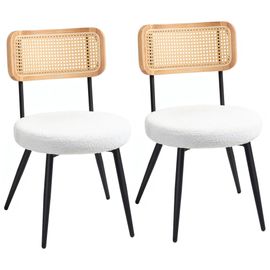 Lot De 2 Chaises Design Assise Ronde Effet Laine Bouclée Métal Noir Aspect Bois Rotin