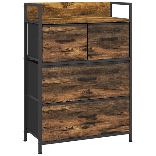 Commode Style Industriel - 4 Tiroirs - Acier Noir Non Tissé Plateau Effet Bois Vieilli