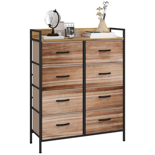 Commode 8 Tiroirs Et Étagère - Dim. 79l X 29l X 101h Cm - Châssis Piètement Métal Noir Tiroirs Non Tissés Façades Aspect Bois