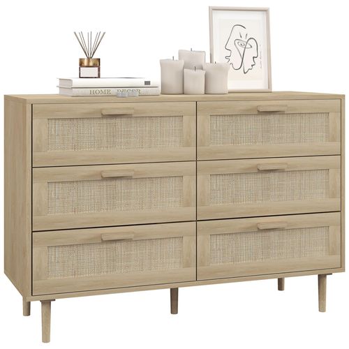 Commode 6 Tiroirs Style Bohème Chic - Dim. 110l X 40l X 75h Cm - Cannage Rotin Aspect Bois Clair