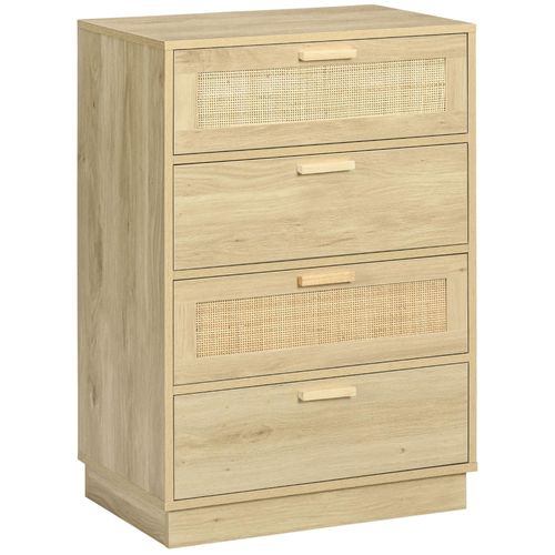 Commode 4 Tiroirs Style Bohème Chic 2 Façades Cannage Rotin Effet Bois Clair Naturel
