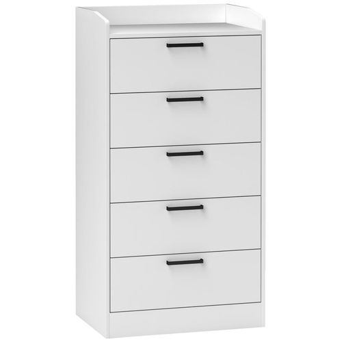 Commode 5 Tiroirs Et Plateau - Meuble De Rangement Bureau - Poignées Métal Noir Mdf Blanc