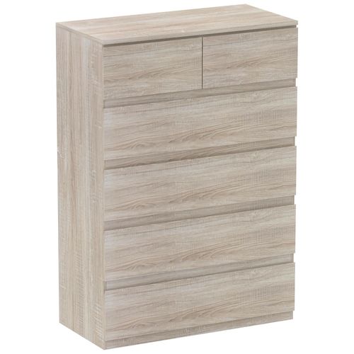 Commode 6 Tiroirs Style Contemporain Dim. 80l X 39l X 115h Cm Poignées Invisibles Effet Bois Naturel