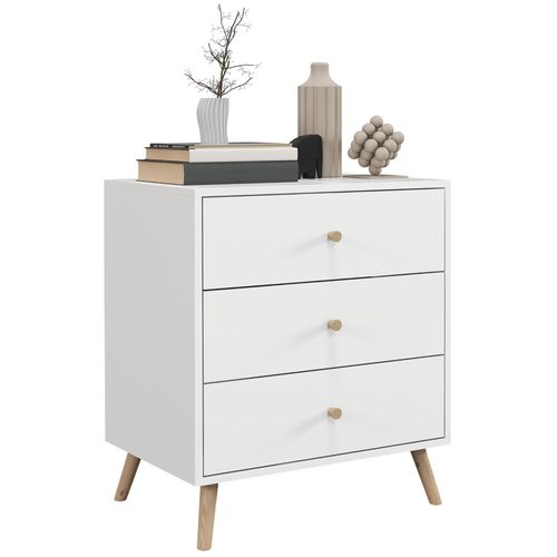 Commode 3 Tiroirs Design Scandinave Piètement Effilé Incliné Bois Pin Mdf Blanc
