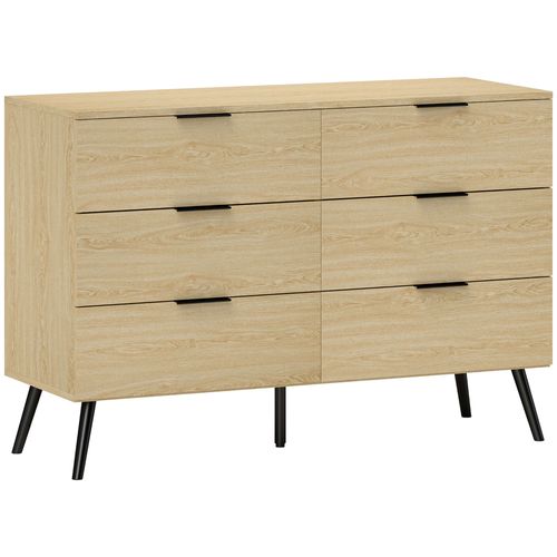Commode 6 Tiroirs Style Scandinave Métal Noir Aspect Bois Clair