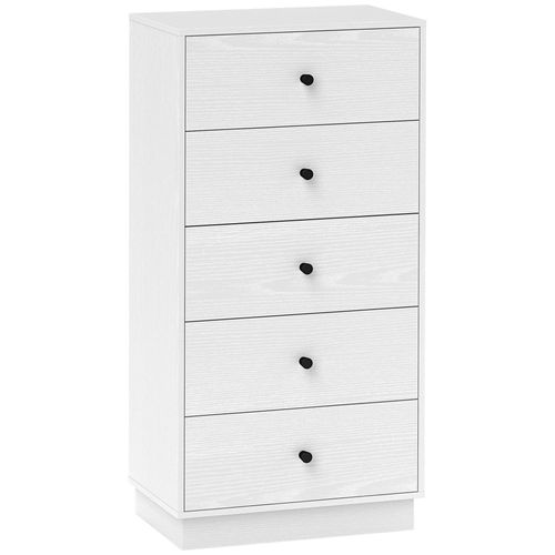 Commode Haute 5 Tiroirs Style Contemporain - 47 X 29 X 95 Cm - Poignées Noir Effet Bois Blanc