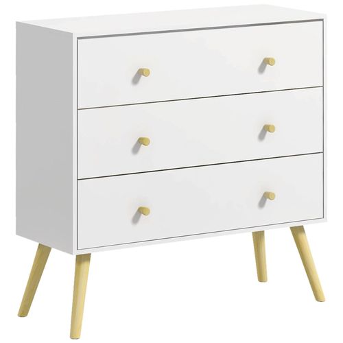 Commode 3 Tiroirs Design Scandinave Piètement Effilé Incliné Bois Pin Panneaux Blanc