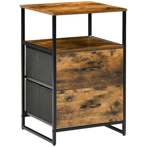 Chiffonnier Design Industriel 2 Tiroirs, Niche Acier Noir Aspect Bois