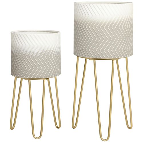 Supports De Pots De Fleurs Design - Supports À Plantes - Lot De 2 Avec Pots De Fleurs - Métal Noir Gris Blanc