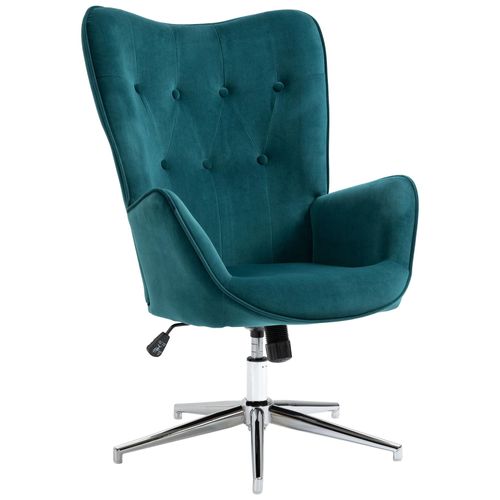 Fauteuil Design Chesterfield Effet Capitonné Hauteur Réglable Pivotant 360° Piètement Chromé Velours Bleu Canard
