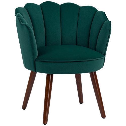 Fauteuil Design Coquillage Piètement Effilé Bois D'hévéa Dossier Enveloppant Strié Aspect Velours Vert Sapin