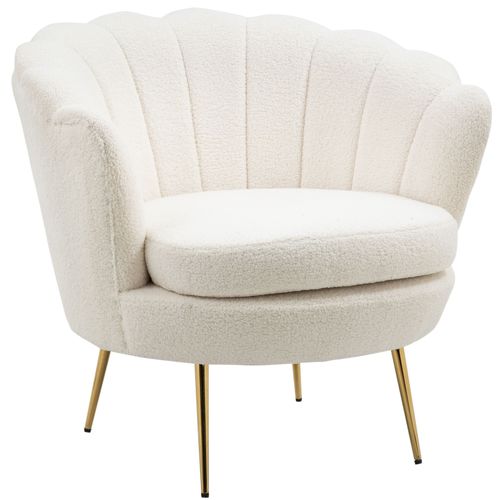 Fauteuil Coquillage Pieds Dorés Effilés Effet Laine Bouclée Blanc
