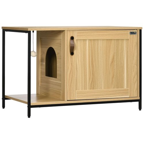 Maison De Toilette Pour Chat Style Industriel Porte Entrée Latérale Boule Suspendue Châssis Acier Aspect Bois Clair