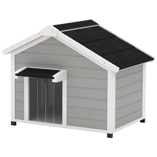 Niche Chien Sur Pied Design Cottage - Toit Bitumé Ouvrant, 2 Portes, Rideau À Lanières - Bois Blanc Gris