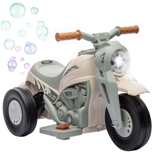 Moto électrique enfant chopper 6V env. 3Km/h 3 roues effets lumineux sonores fonction bulles vert beige