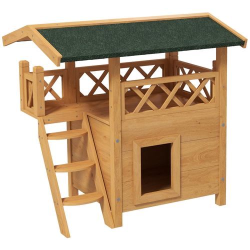 Maison Lodge Chat Chien - Niche Villa Avec Terrasse, Escalier, Toit - 77 X 50 X 73 Cm - Bois Pin Pré-Huilé