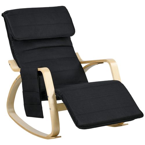 Fauteuil À Bascule - Fauteuil Relax Repose-Pied Réglable, Poche Rangement, Tétière - Bois Tissu Noir