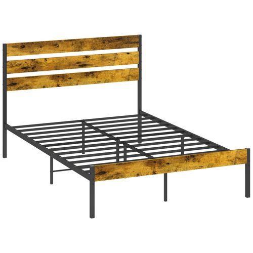 Lit Double Design Industriel - Tête De Lit, Pied De Lit, Sommier - Compatible Matelas 190l X 140l Cm - Acier Noir Aspect Bois Vieilli