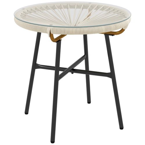 Table Basse Ronde De Jardin En Résine Aspect Rotin Métal Et Plateau Verre Trempé Ø 50 X 50h Cm Crème