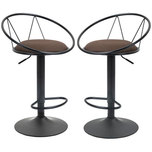 Lot De 2 Tabourets De Bar Design Néo-Rétro Réglable Pivotant Avec Repose-Pied Métal Noir Lin Marron